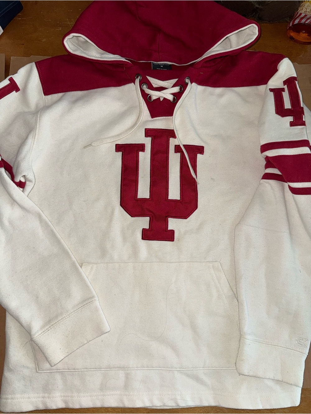 White and Crimson Indiana Hoosiers Lace-Up Hoodie Sweater with IU Logo